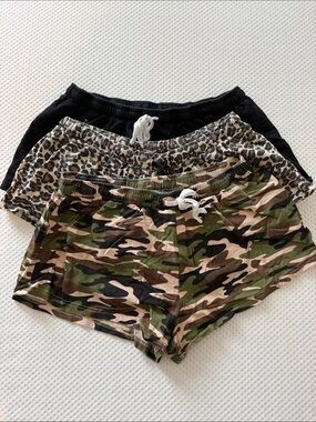 3 Pack - Women’s Athletic Lounge Shorts Pack - Black, Leopard, and Green Camo